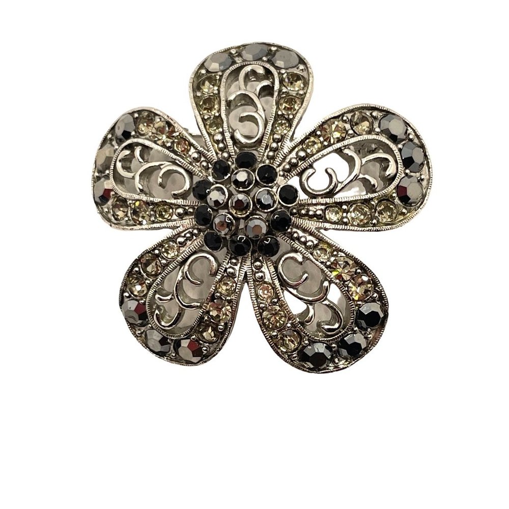 Vintage Brooch Pin Flower Daisy Rhinestones Black Grey Clear Silver Tone Filigre